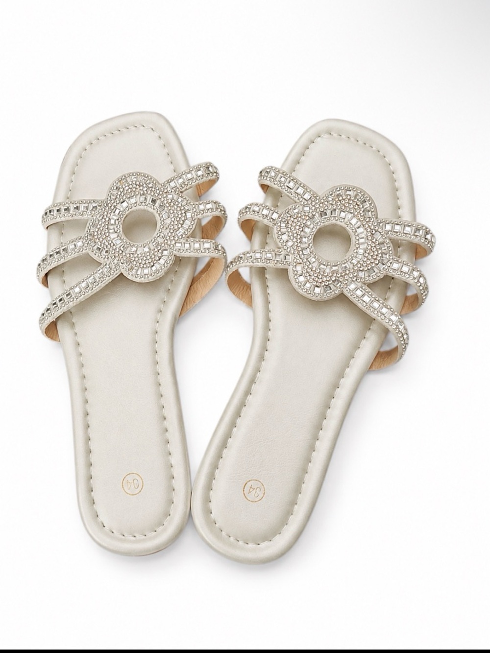 Girls' Ivory Crystal-Trim Slide Sandals